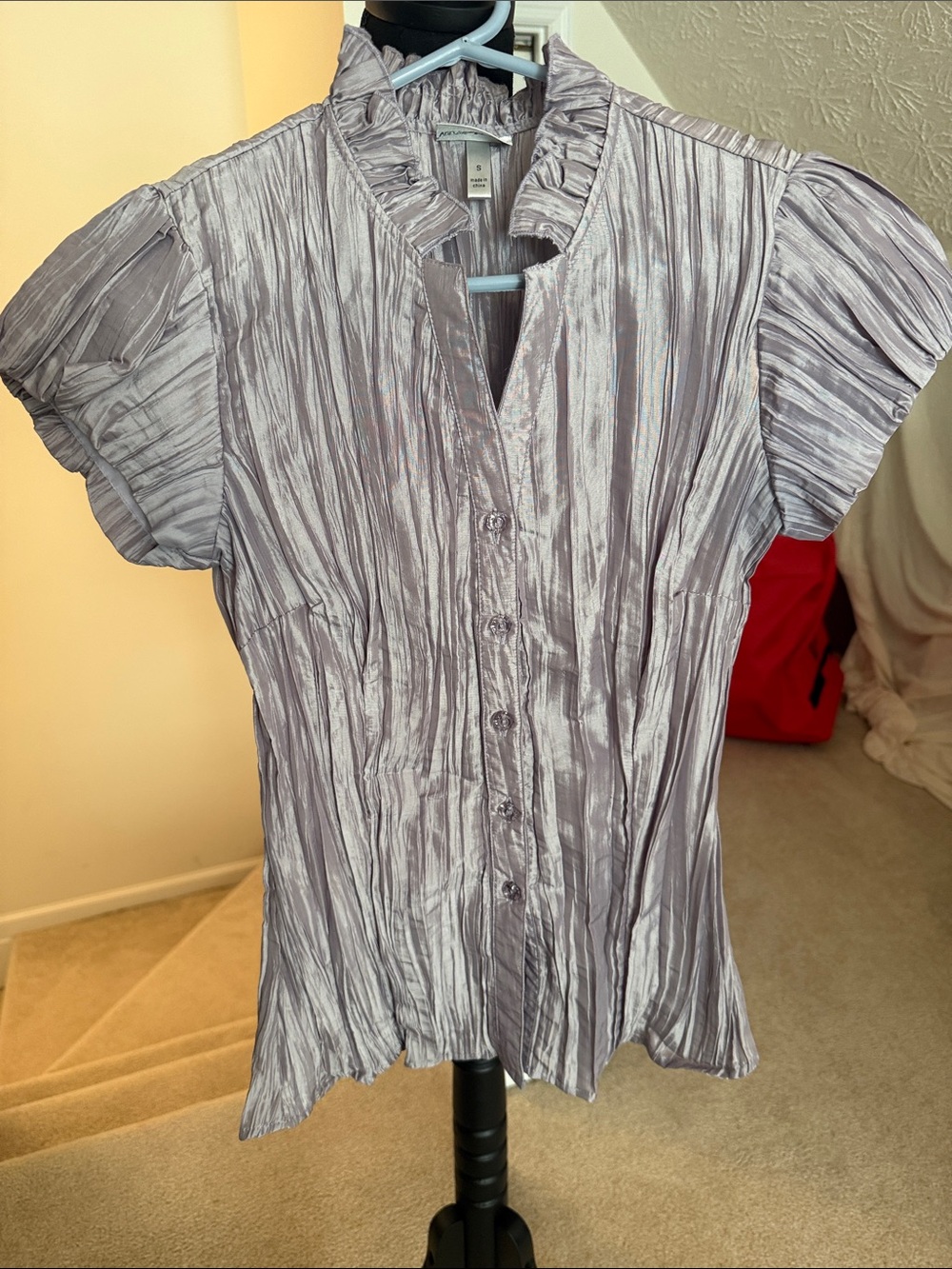 Ladies Metallic Lavender Short-Sleeve Button Front Top
